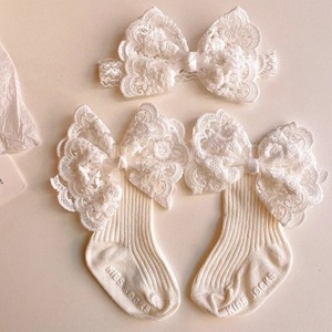 Lace silk bows Baby Girl Headband and Socks. - κορίτσι, δώρα για μωρά, βρεφικά ρούχα, αξεσουάρ μαλλιών