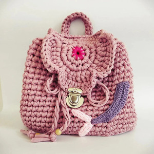 Πλεκτή ροζ χειροποίητη τσάντα τύπου bagpack σχέδιο λουλούδι 100% βαμβακερό νήμα 26εκ - νήμα, πουγκί, πλάτης, πλεκτές τσάντες, τσαντάκια