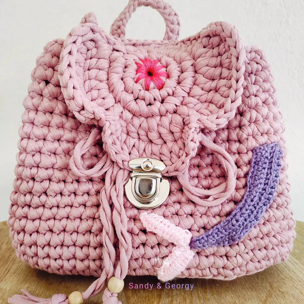 Πλεκτή ροζ χειροποίητη τσάντα τύπου bagpack σχέδιο λουλούδι 100% βαμβακερό νήμα 26εκ - νήμα, πουγκί, πλάτης, πλεκτές τσάντες, τσαντάκια - 3