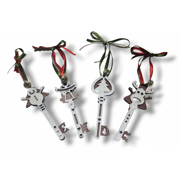 Ξύλινα χριστουγεννιάτικα στολίδια 14cm σετ 4τμχ. κλειδί άγιου βασίλη (2χρωμία) 2 - ξύλο, κλειδί, άγιος βασίλης, στολίδια