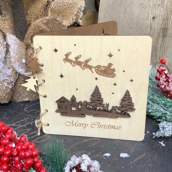 Ξύλινη Προσωποποιημένη Χριστουγεννιάτικη Ευχητήρια Κάρτα - Διακοσμητικό - Αναμνηστικό - Δώρο - Γιορτινή - ξύλο, άγιος βασίλης, ευχετήριες κάρτες, δέντρο, προσωποποιημένα - 4