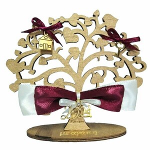 Γούρι 2024 ξύλινο δεντράκι χρυσό-μπορντό-ιβουάρ 11×3×10,7cm - ξύλο, χριστουγεννιάτικα δώρα, γούρια, δέντρο
