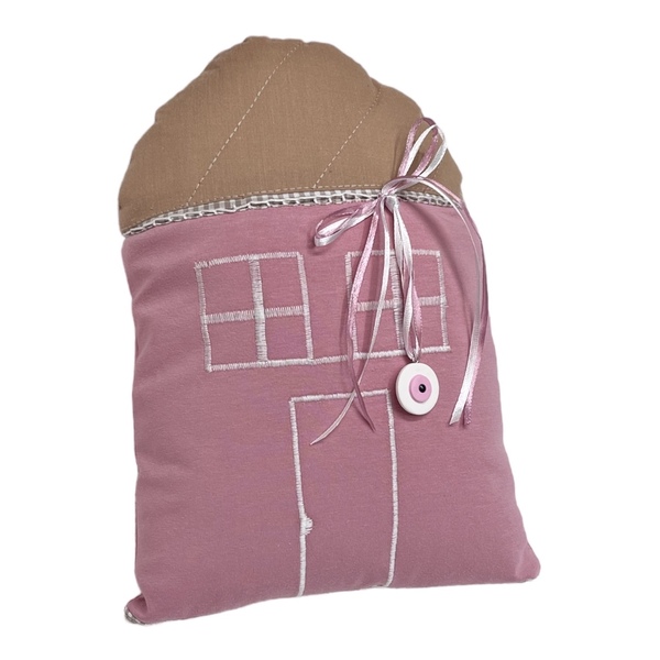 Μαξιλάρι σπιτάκι,διακοσμητικό ,ροζ-μπεζ,30Χ24 εκατ.με ματάκι για νεογέννητο - κορίτσι, μαξιλάρια, φυλαχτά - 2