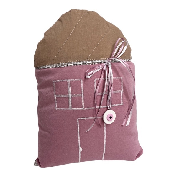 Μαξιλάρι σπιτάκι,διακοσμητικό ,ροζ-μπεζ,30Χ24 εκατ.με ματάκι για νεογέννητο - κορίτσι, μαξιλάρια, φυλαχτά - 3