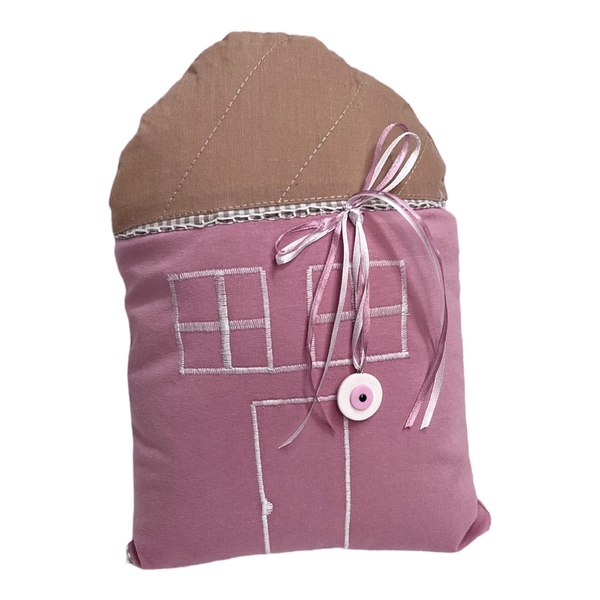 Μαξιλάρι σπιτάκι,διακοσμητικό ,ροζ-μπεζ,30Χ24 εκατ.με ματάκι για νεογέννητο - κορίτσι, μαξιλάρια, φυλαχτά - 4