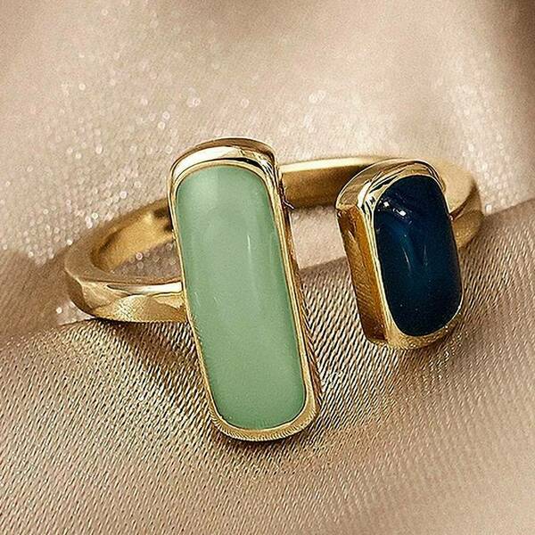 Γυναικείο Δαχτυλίδι - Cuff Ring Χρυσό με Πράσινη και Μπλε Πέτρα - επιχρυσωμένα, ορείχαλκος, γεωμετρικά σχέδια, σταθερά, φθηνά - 2