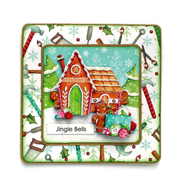 Χριστουγεννιάτικη 3d ευχετήρια τετράγωνη κάρτα "Jingle Bells" gingerbread - χαρτί, scrapbooking, ευχετήριες κάρτες