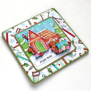 Χριστουγεννιάτικη 3d ευχετήρια τετράγωνη κάρτα "Jingle Bells" gingerbread - χαρτί, scrapbooking, ευχετήριες κάρτες - 2