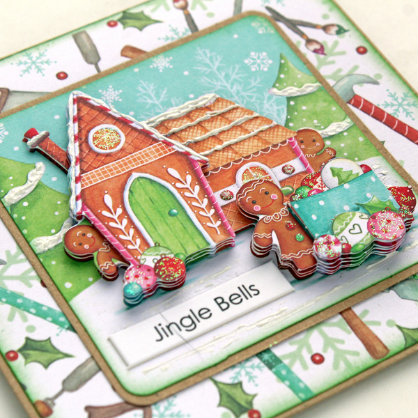 Χριστουγεννιάτικη 3d ευχετήρια τετράγωνη κάρτα "Jingle Bells" gingerbread - χαρτί, scrapbooking, ευχετήριες κάρτες - 3