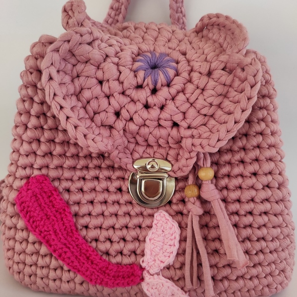 Πλεκτή ροζ χειροποίητη τσάντα πλάτης λουλούδι, βαμβακερό νήμα, 25εκ - νήμα, πλάτης, πλεκτές τσάντες, τσαντάκια