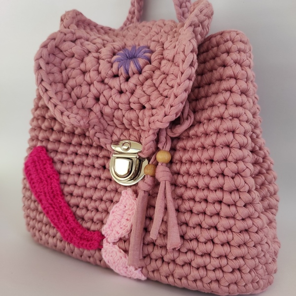 Πλεκτή ροζ χειροποίητη τσάντα πλάτης λουλούδι, βαμβακερό νήμα, 25εκ - νήμα, πλάτης, πλεκτές τσάντες, τσαντάκια - 4