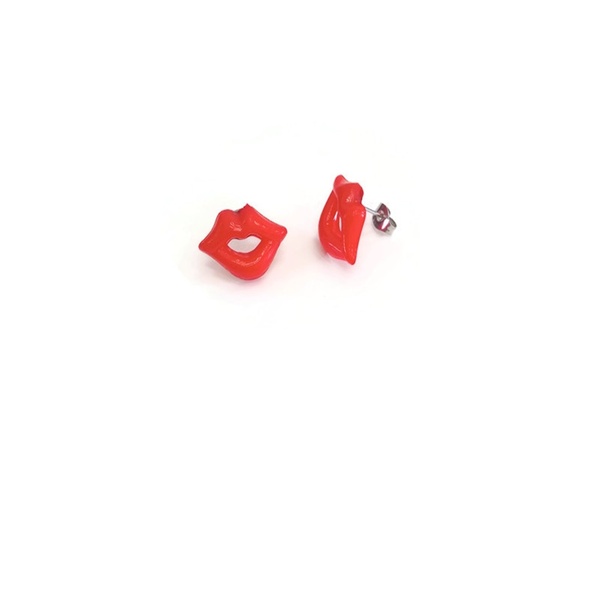 Σκουλαρίκια Κόκκινα Χείλη - πλαστικό, καρφωτά, ατσάλι, καρφάκι - 2