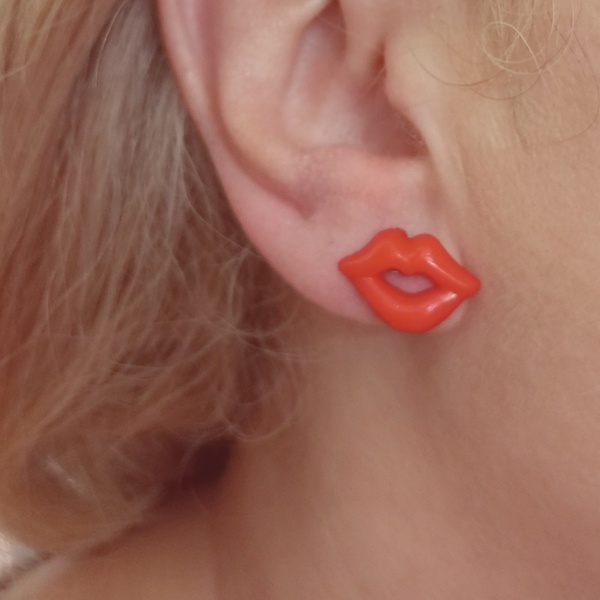 Σκουλαρίκια Κόκκινα Χείλη - πλαστικό, καρφωτά, ατσάλι, καρφάκι - 3