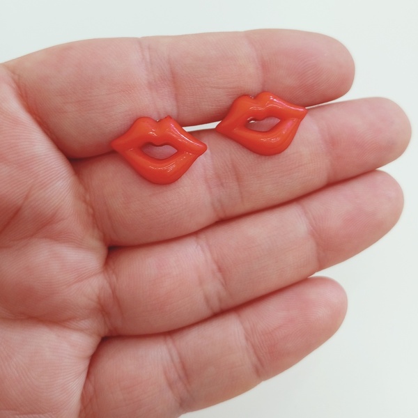 Σκουλαρίκια Κόκκινα Χείλη - πλαστικό, καρφωτά, ατσάλι, καρφάκι - 4