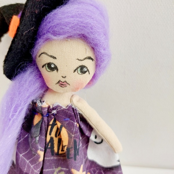 Halloween μάγισσα διακοσμητική με σκούπα - ύφασμα, ξύλο, διακοσμητικά, μαλλί felt - 3