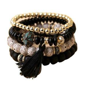 Σετ 4 γυναικεία boho βραχιόλια - charms με χάντρες Black-Gold - charms, καρδιά, χάντρες, σταθερά, χεριού