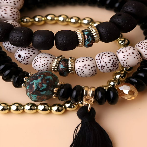 Σετ 4 γυναικεία boho βραχιόλια - charms με χάντρες Black-Gold - charms, καρδιά, χάντρες, σταθερά, χεριού - 3