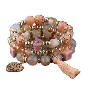 Σετ 3 γυναικεία boho βραχιόλια - charms με χάντρες Coral-Gold - charms, καρδιά, χάντρες, σταθερά, χεριού