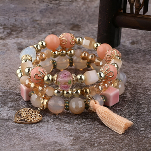 Σετ 3 γυναικεία boho βραχιόλια - charms με χάντρες Coral-Gold - charms, καρδιά, χάντρες, σταθερά, χεριού - 3