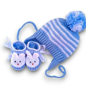 Πλεκτό σετ λευκό-μπλε για αγόρια/ σκουφάκι, παπουτσάκια/ Πλεκτά για μωρά/ 0-12/ Crochet set for baby-boys/ hat, shoes - αγόρι, σετ, 6-9 μηνών, βρεφικά ρούχα