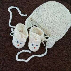 Πλεκτό σετ εκρου για μωρά/ σκουφάκι, παπουτσάκια/ Πλεκτά για μωρά/ 0-12/ Crochet set for boys/ hat, shoes - αγόρι, σετ, βρεφικά ρούχα - 2
