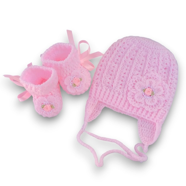 Πλεκτό σετ ανοιχτό ροζ για κορίτσια / σκουφάκι, παπουτσάκια / 0-12/ Crochet pink set for girls / hat, shoes - κορίτσι, σετ, βρεφικά ρούχα