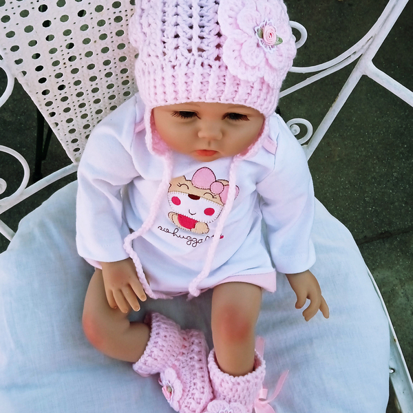 Πλεκτό σετ ανοιχτό ροζ για κορίτσια / σκουφάκι, παπουτσάκια / 0-12/ Crochet pink set for girls / hat, shoes - κορίτσι, σετ, βρεφικά ρούχα - 3