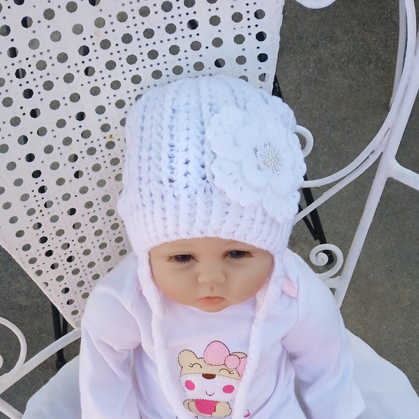 Πλεκτό λευκό σκουφάκι για κορίτσια με λουλούδι / σκουφί για μωρό/ 0-5 ετών / Crochet white hat for a baby girl - κορίτσι, παιδικά ρούχα, βρεφικά ρούχα - 2