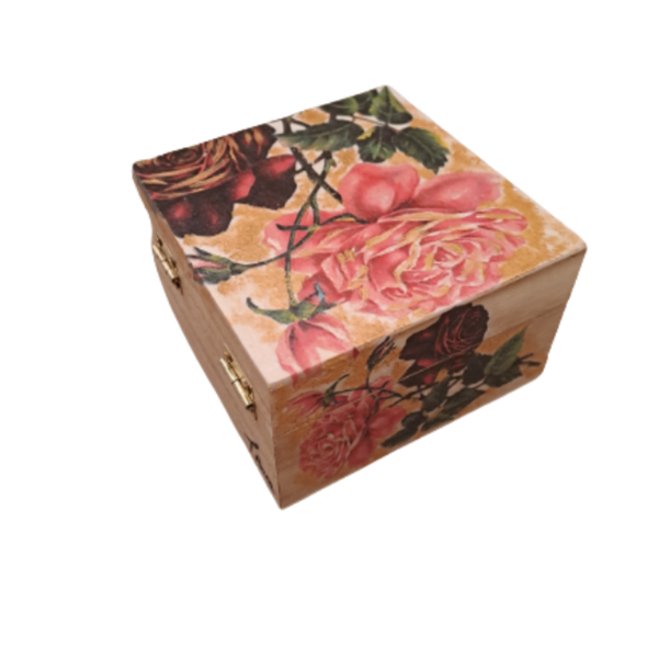 Ξύλινη μπιζουτιερα - κουτί, ροζ τριαντάφυλλο, διάσταση 10x10x6,5εκατ. - κουτιά αποθήκευσης - 4