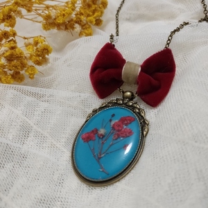 Μενταγιόν "blooming bow in red" III - γυαλί, μακριά, λουλούδι, μπρούντζος, μενταγιόν - 4