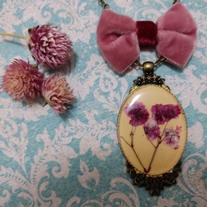Μενταγιόν "blooming bow in pink" II - γυαλί, μακριά, λουλούδι, μπρούντζος, μενταγιόν - 3