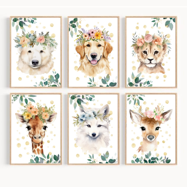 Semi gloss αφίσες Floral Animals 40x60 (set of 6) - κορίτσι, αφίσες, ζωάκια
