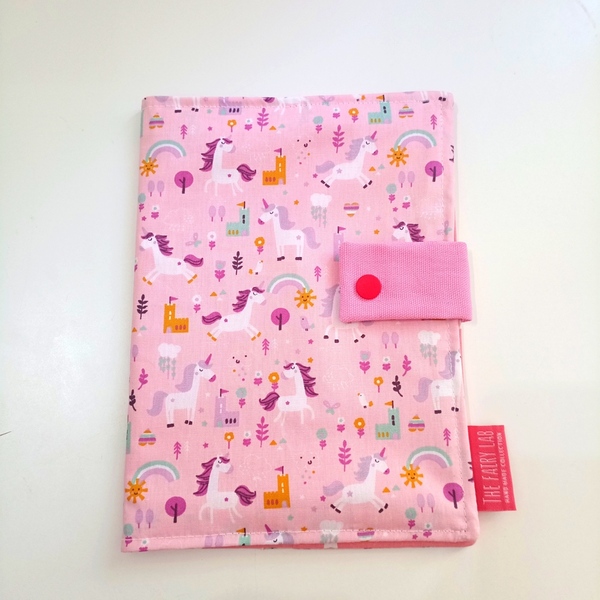 Χειροποίητη βαμβακερη θήκη βιβλιαρίου ροζ μονοκερακια - κορίτσι, θήκες βιβλιαρίου, δώρο γεννεθλίων
