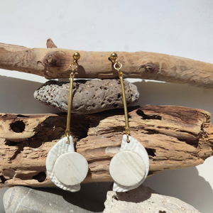 Total white clay earrings/ Λευκά κρεμαστά σκουλαρίκια απο λευκό πηλό - επιχρυσωμένα, πηλός, μακριά, κρεμαστά, καρφάκι - 2