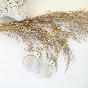 Total white clay earrings/ Λευκά κρεμαστά σκουλαρίκια απο λευκό πηλό - επιχρυσωμένα, πηλός, μακριά, κρεμαστά, καρφάκι - 3