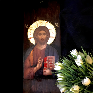 Ιησούς Χριστός Ευλογών Χειροποίητη Εικόνα Σε Ξύλο 13x34cm - πίνακες & κάδρα, πίνακες ζωγραφικής, εικόνες αγίων - 2