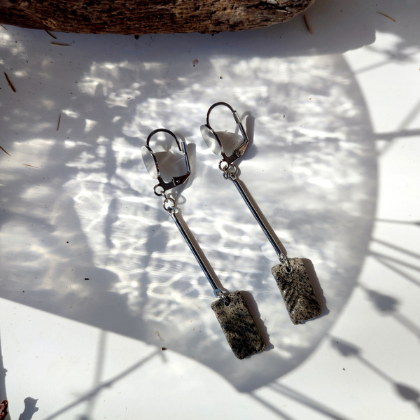 Long earrings with granite parallelogram/Μακριά σκουλαρίκια με παραλληλόγραμμο πηλό - ασήμι, πηλός, μακριά, κρεμαστά, με κλιπ - 2