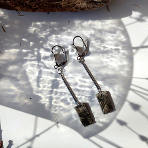 Long earrings with granite parallelogram/Μακριά σκουλαρίκια με παραλληλόγραμμο πηλό - ασήμι, πηλός, μακριά, κρεμαστά, με κλιπ - 2