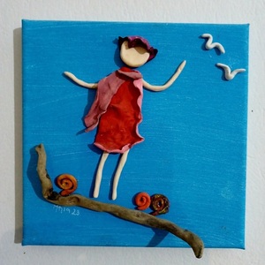 Χειροποίητος πίνακας από πηλό Καμβάς 20Χ20cm Κορίτσι με γλάρους - πίνακες & κάδρα, πηλός, χειροποίητα, πίνακες ζωγραφικής - 2