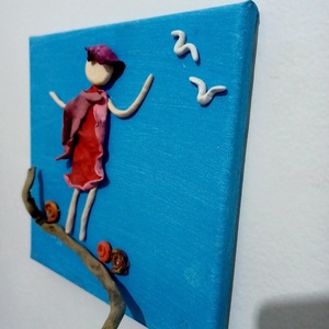 Χειροποίητος πίνακας από πηλό Καμβάς 20Χ20cm Κορίτσι με γλάρους - πίνακες & κάδρα, πηλός, χειροποίητα, πίνακες ζωγραφικής - 3