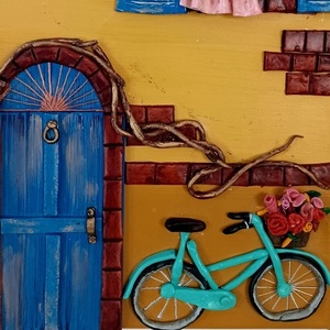 Χειροποίητος πίνακας Καμβας 24Χ30cm_Σπίτι με ποδήλατο-Αντίγραφο - πίνακες & κάδρα, πίνακες ζωγραφικής, πολυμερικό πηλό - 2