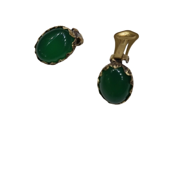 Σκουλαρίκια μπρούντζινα με κλιπ και πράσινο αχάτη( 15Χ20 χιλιοστά) - ημιπολύτιμες πέτρες, χειροποίητα, μπρούντζος, με κλιπ