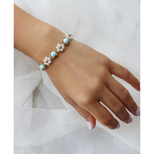 Light Blue bracelet| Ρομαντικό Λουλουδένιο βραχιόλι με γαλάζια κρύσταλλα, αιματίτη & γυάλινες χάντρες - κρύσταλλα, λουλούδι, ατσάλι, χεριού, αυξομειούμενα - 2
