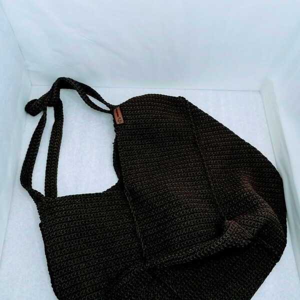 Πλεκτή τσάντα "tote" καφέ από λωρίδες - νήμα, ώμου, μεγάλες, all day, tote - 2
