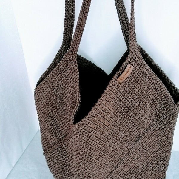 Πλεκτή τσάντα "tote" καφέ από λωρίδες - νήμα, ώμου, μεγάλες, all day, tote - 4