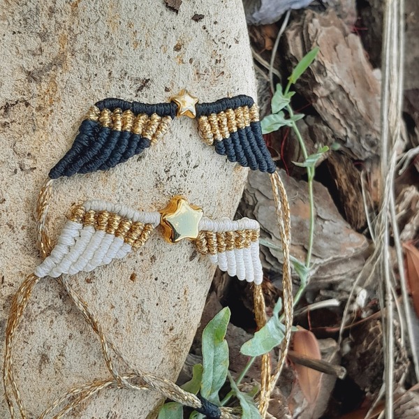 Βραχιόλι μακραμέ φτερά αγγέλου άσπρο - μακραμέ, κορδόνια, χεριού, αυξομειούμενα, φαρδιά - 2