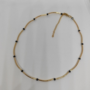 Κολιέ με χρυσές ράγες και μαύρες πέτρες - κοντά, ατσάλι, layering, seed beads - 2