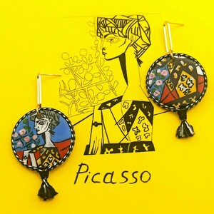 Ζωγραφισμένα χειροποίητα ξύλινα σκουλαρίκια εμπνευσμένα από την τέχνη του Πικάσο - ξύλο, boho, κρεμαστά, γάντζος - 2