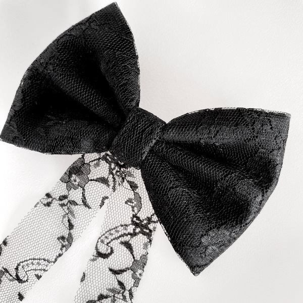 Φιόγκος Black Satin Lace - μαύρο σατέν & δαντέλα - ύφασμα, δαντέλα, χριστουγεννιάτικα δώρα, hair clips