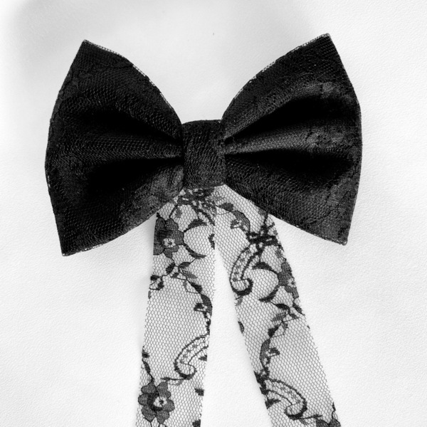Φιόγκος Black Satin Lace - μαύρο σατέν & δαντέλα - ύφασμα, δαντέλα, χριστουγεννιάτικα δώρα, hair clips - 2